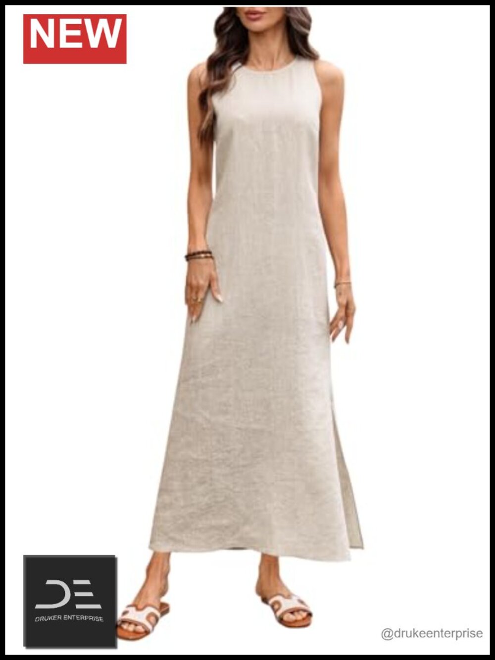 100% Linen Maxi Dress Sleeveless Crewneck Side Slit Summer